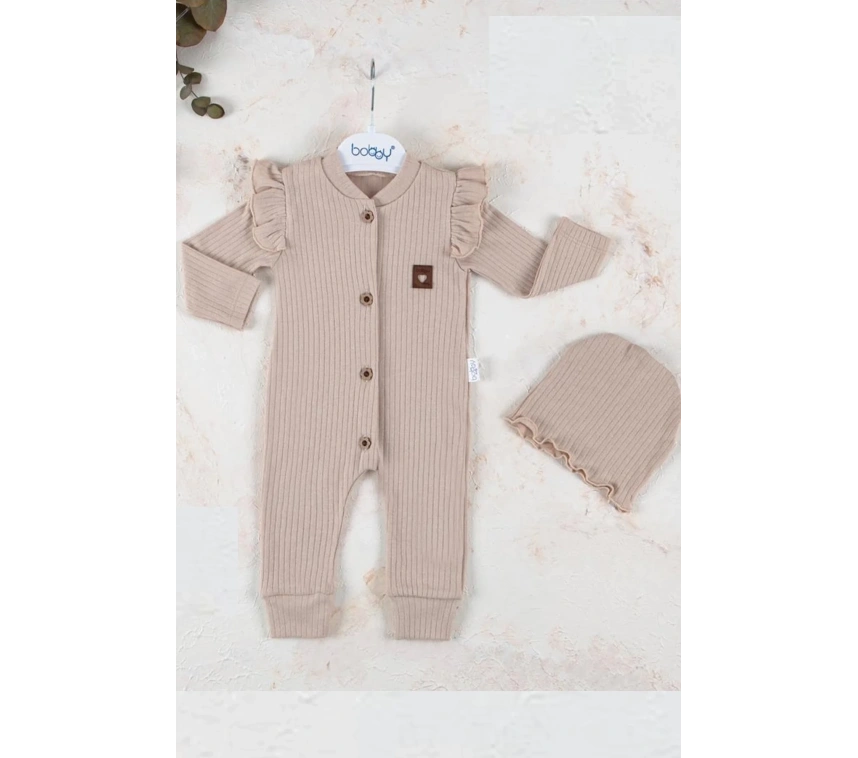 Boydan Düğmeli Şapkalı % 100 Pamuk Kız Bebek Tulumu