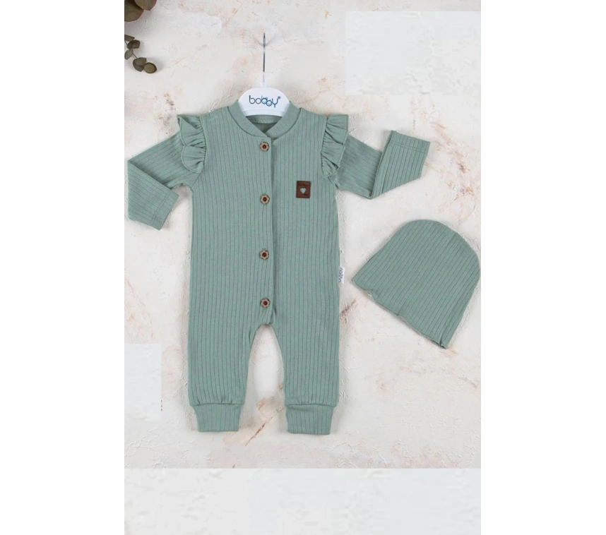 Boydan Düğmeli Şapkalı % 100 Pamuk Kız Bebek Tulumu