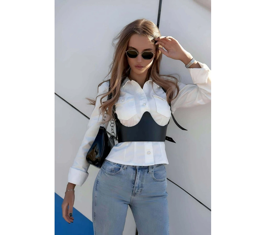 Boyundan Ayarlanabilir Göğüs Detaylı Askılı Deri Korse Bel Kemeri - Brf614