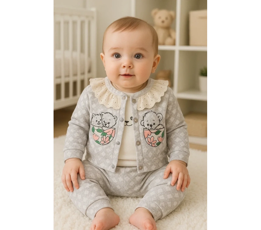 Brode İşlemeli Kalp Desenli 3lü Hırkalı Kız Bebek Takım