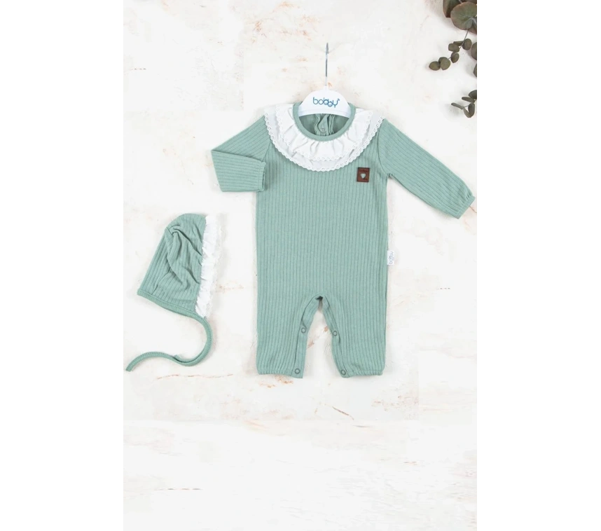 Brode Nakışlı Şapkalı % 100 Pamuk Kız Bebek Tulumu