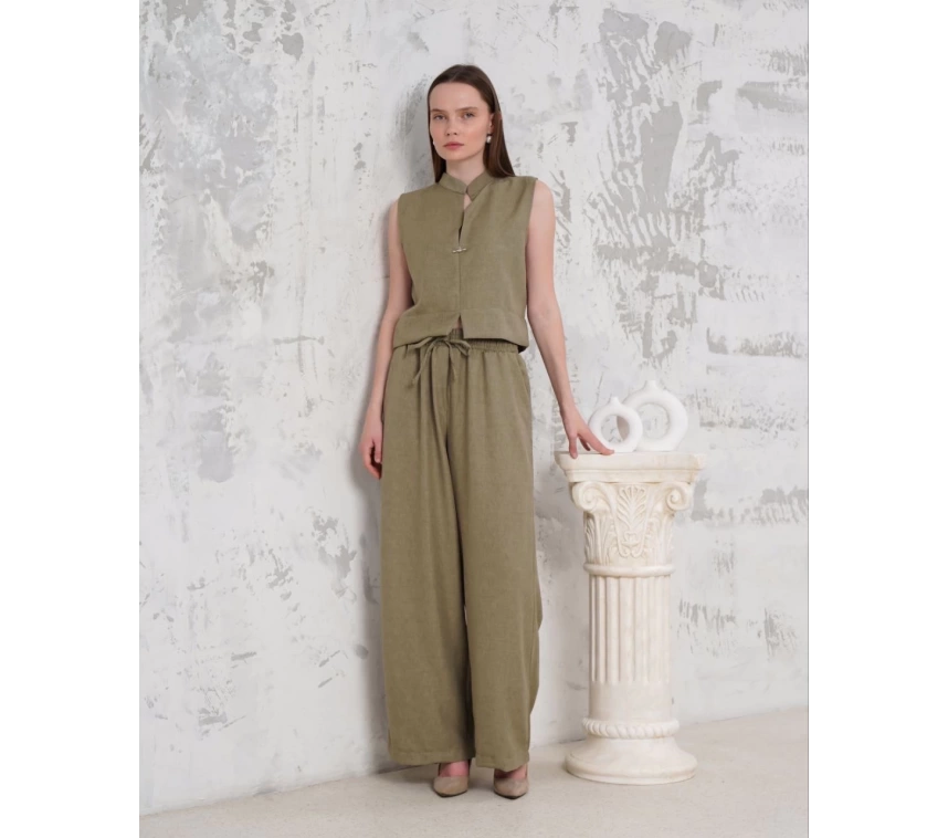 Broşlu yelek pantolon takım haki s255821