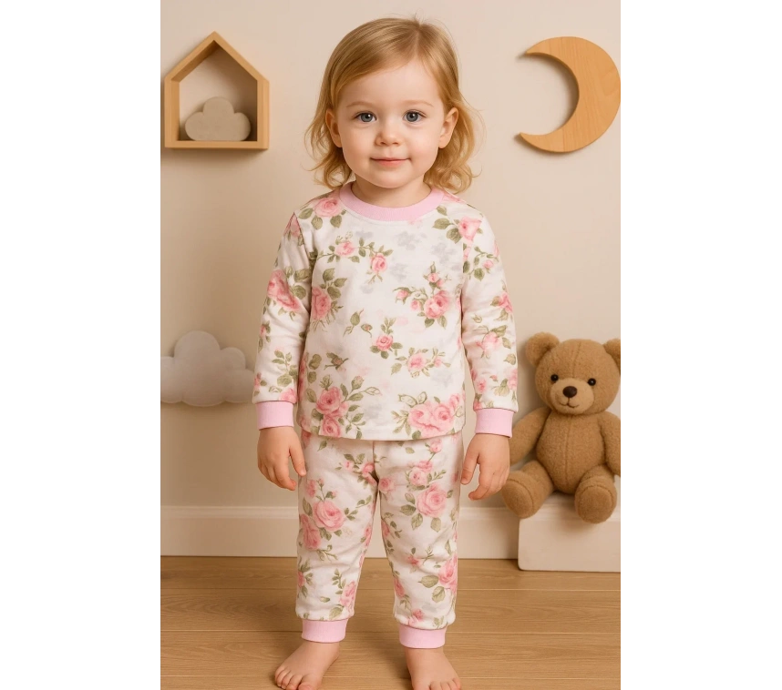 Büyük Çiçek Desenli Kız Bebek Eşofman Takımı %100 Pamuk