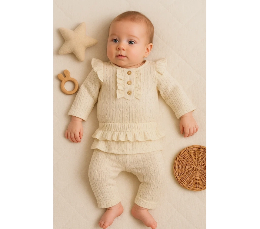 Büzgü Detaylı Fırfırlı % 100 Pamuk 2li Kız Bebek Takımı
