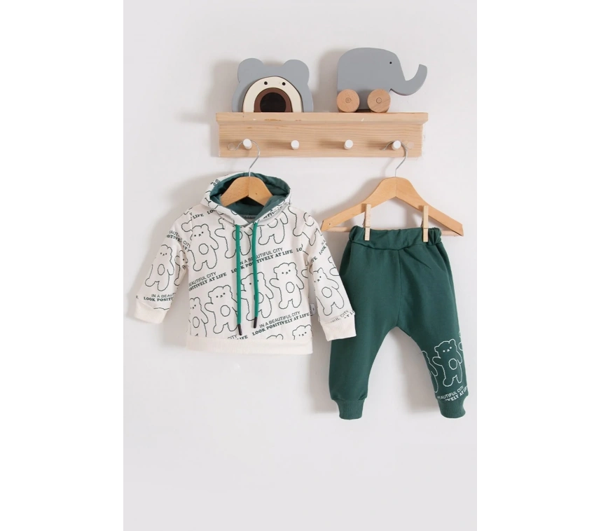 Çapraz Bears Kapüşonlu % 100 Pamuk Erkek Bebek Takımı