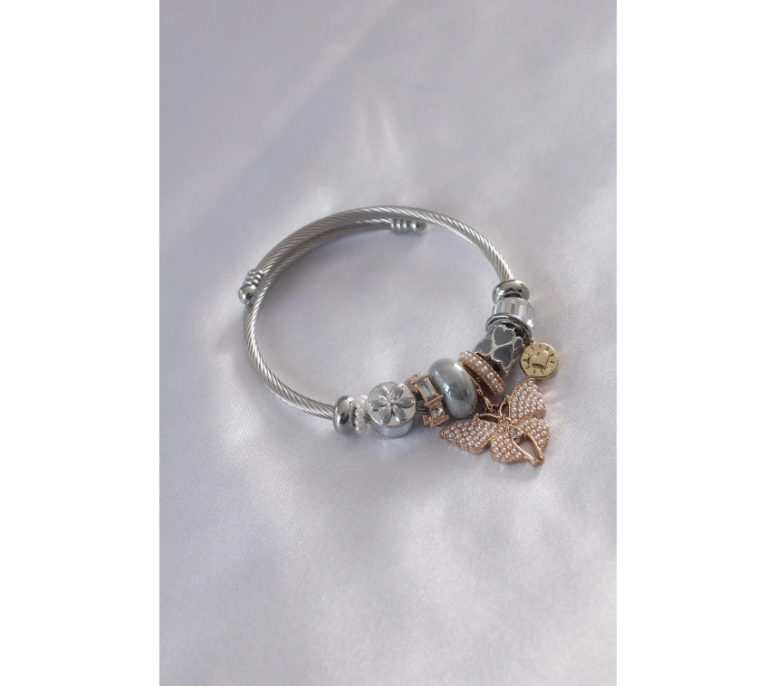 Çelik Charm Model Gold Kelebek Figür Gri Boncuklu Kadın Bileklik