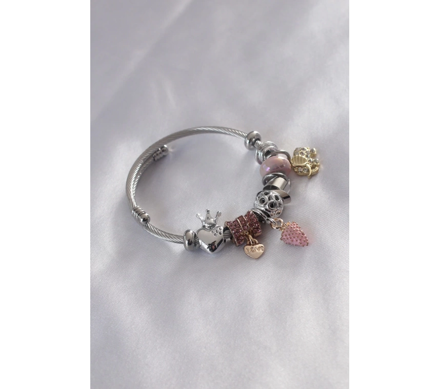 Çelik Charm Model Pembe Çilek Figür Kalp Detay Zirkon Taşlı Kadın Bileklik