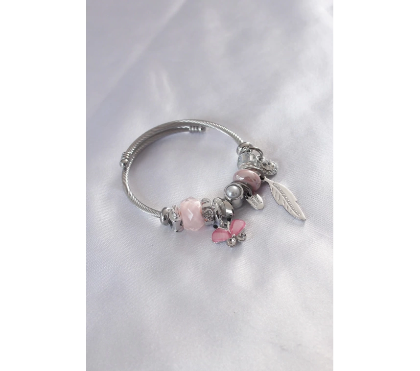 Çelik Charm Model Pembe Kelebek Figür Tüy Detay Zirkon Taşlı Kadın Bileklik