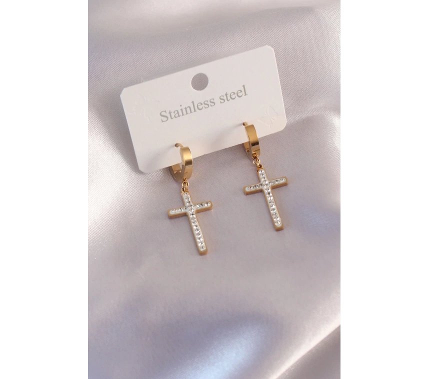 Çelik Gold Renk Zirkon Taşlı Kadın Küpe