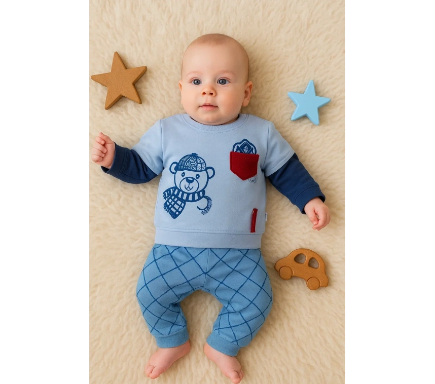 Cep Bear Nakışlı % 100 Pamuklu 2li Erkek Takım