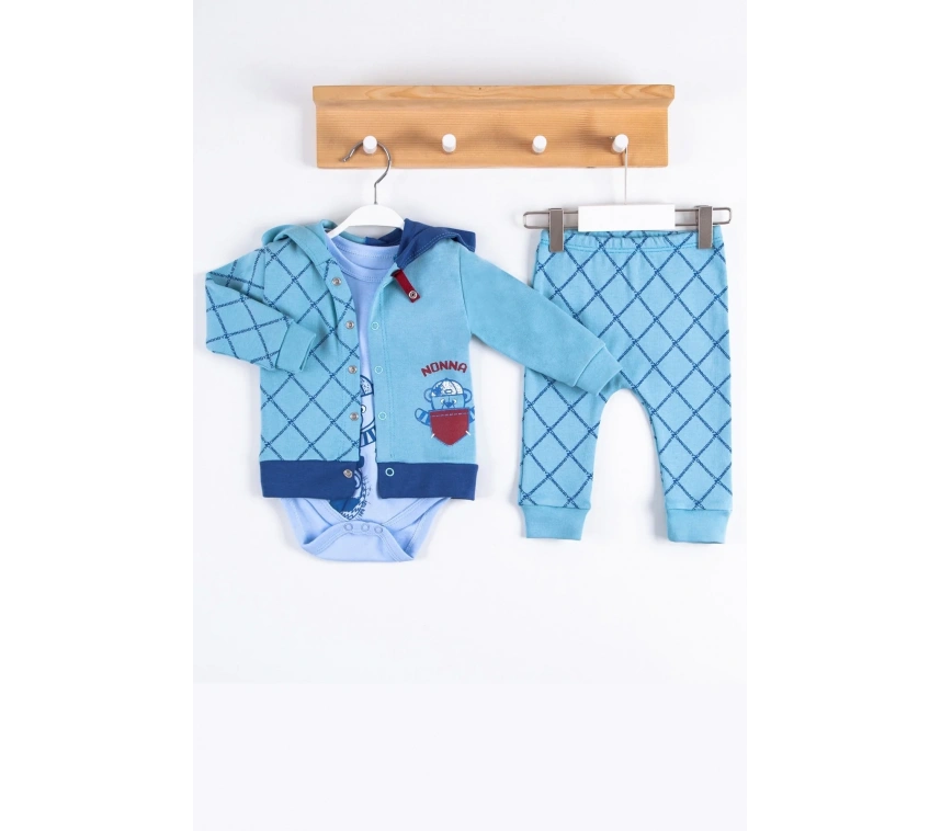 Cep Desenli Kapişonlu % 100 Pamuk Hırkalı 3lü Erkek Takım