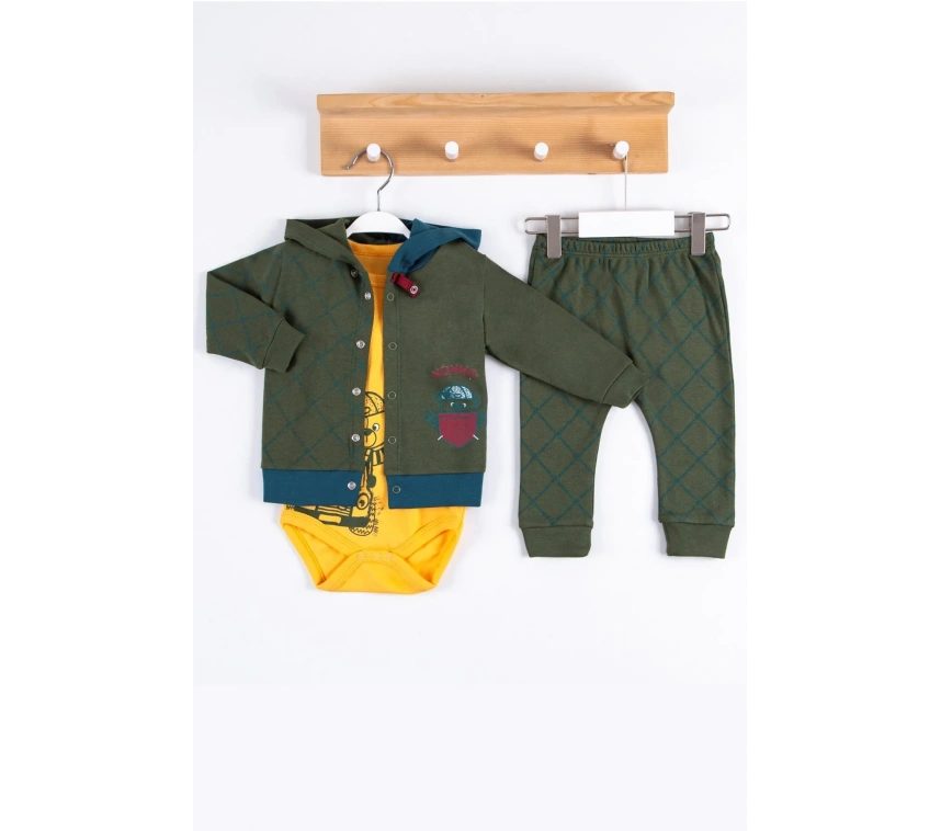 Cep Desenli Kapişonlu % 100 Pamuk Hırkalı 3lü Erkek Takım