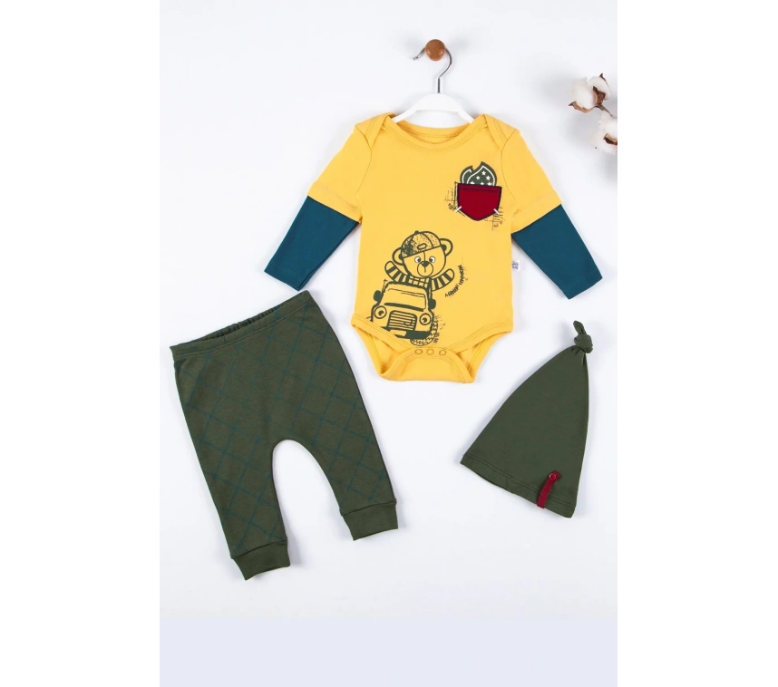 Cep Nakışlı Bear Desenli 3lü % 100 Pamuklu Erkek Takım