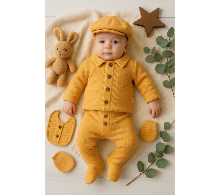 Cepli Waffle % 100 Pamuk 5li Erkek Bebek Hastane Çıkış Seti