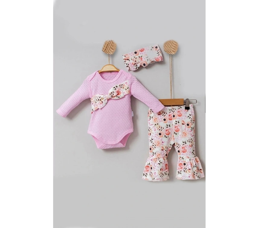 Çiçek Desenli Fiyonklu 3lü Kız Bebek Takım