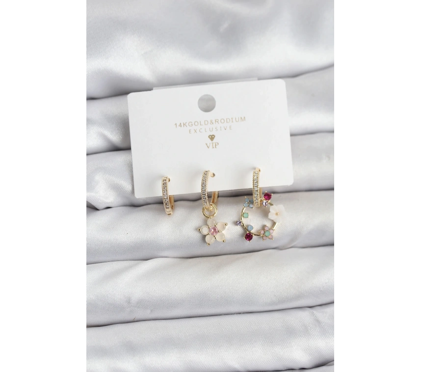 Çiçek Model Gold Renk Pirinç 3lü Kadın Küpe Seti