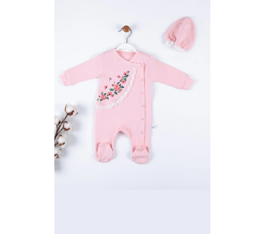 Çiçek Nakışlı Şapkalı % 100 Pamuk Kız Bebek Tulumu