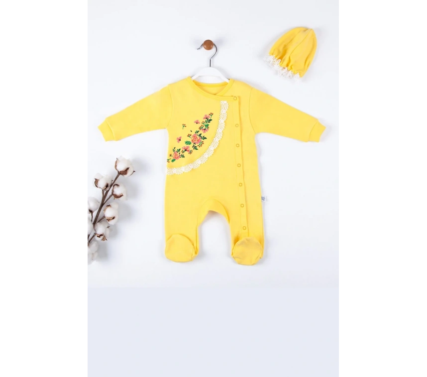 Çiçek Nakışlı Şapkalı % 100 Pamuk Kız Bebek Tulumu