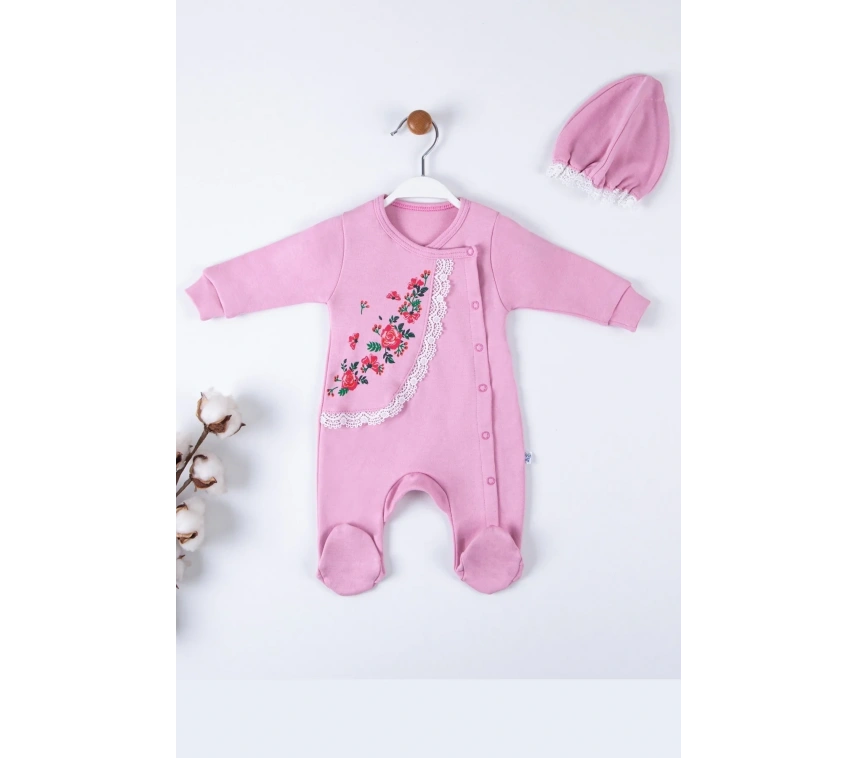 Çiçek Nakışlı Şapkalı % 100 Pamuk Kız Bebek Tulumu