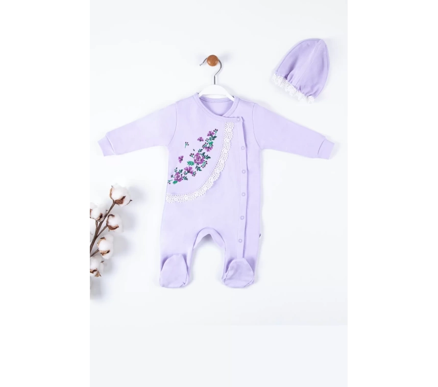 Çiçek Nakışlı Şapkalı % 100 Pamuk Kız Bebek Tulumu