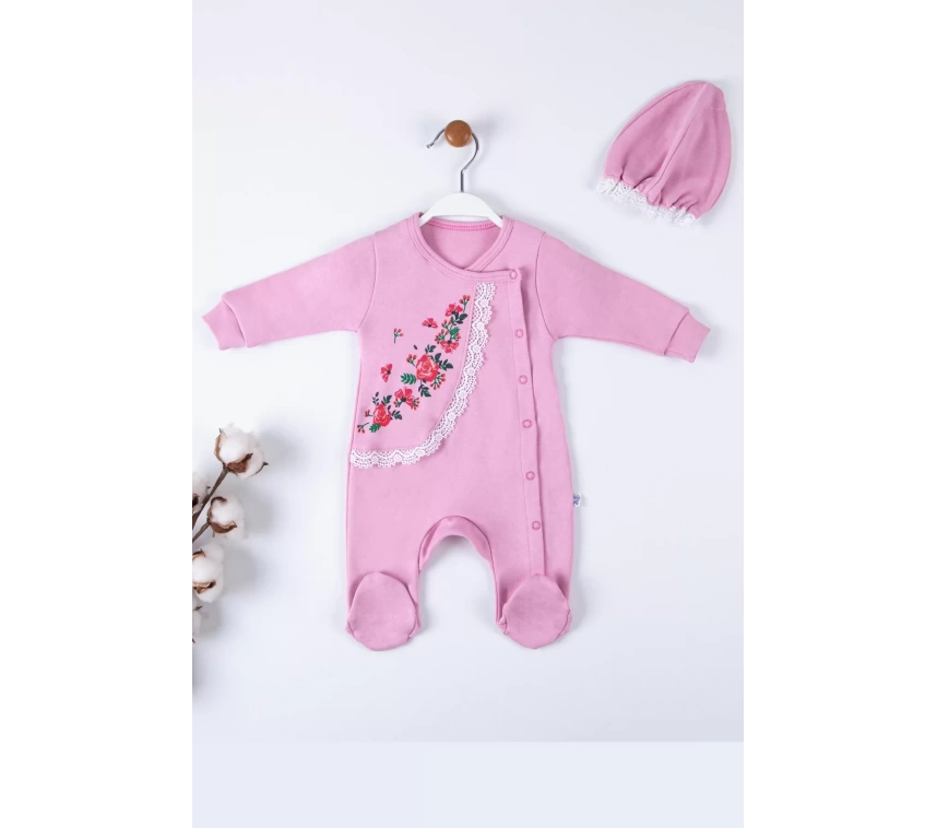 Çiçek Nakışlı Şapkalı % 100 Pamuk Kız Bebek Tulumu