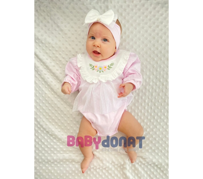 Çiçek Nakışlı Tüllü Bandanalı Kız Bebek Romper