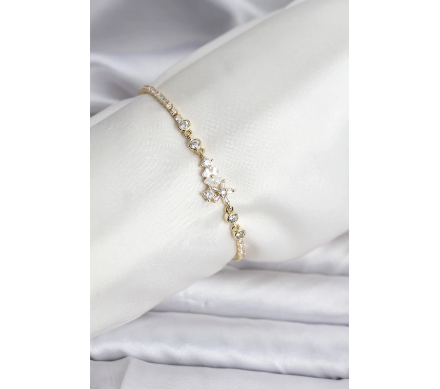 Çiçekli Model Zirkon Taşlı Gold Renk Su Yolu Kadın Bileklik