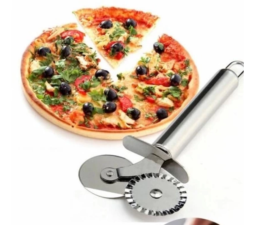 Çİft Başlı Metal Pizza Kesici ve Hamur Ruleti