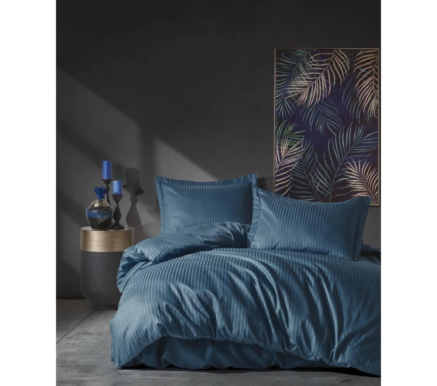 Çift Kişilik Saten Nevresim Takımı Elegante Stripe Mavi