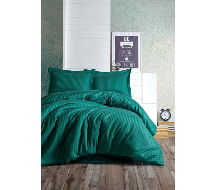 Çift Kişilik Saten Nevresim Takımı Elegante Stripe Petrol