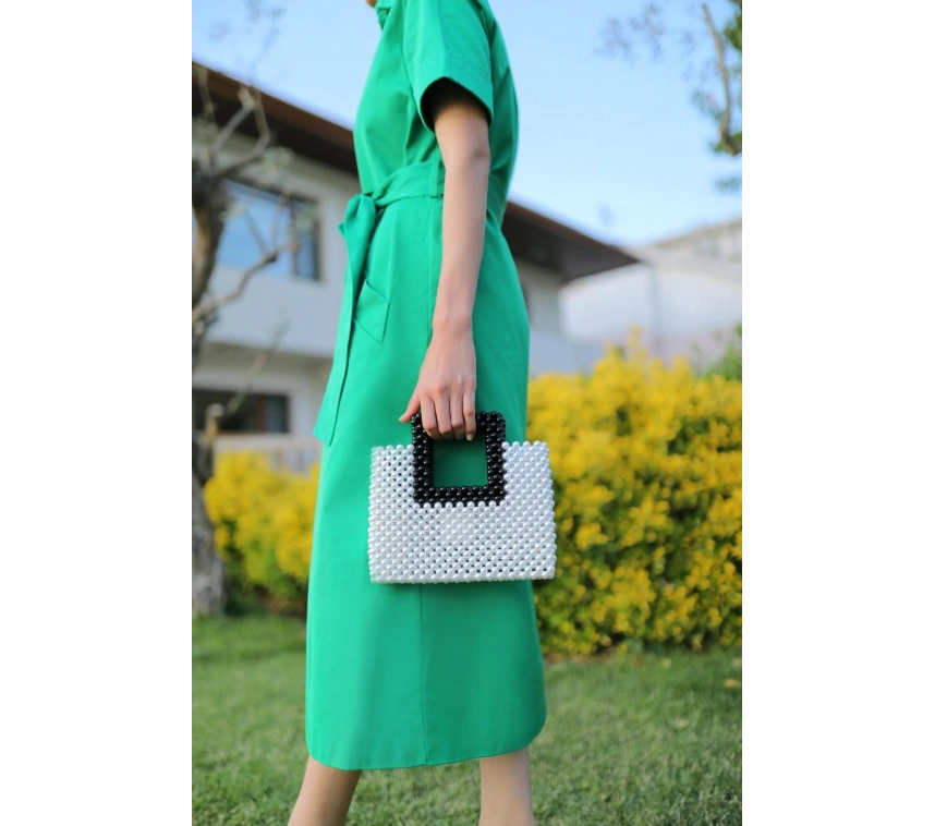 Çift renkli inci el yapımı çanta beyaz