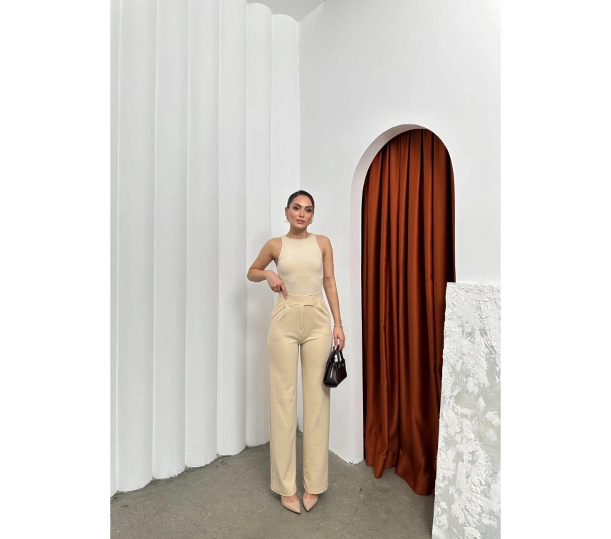 Cırtlı pantolon krep bej pt