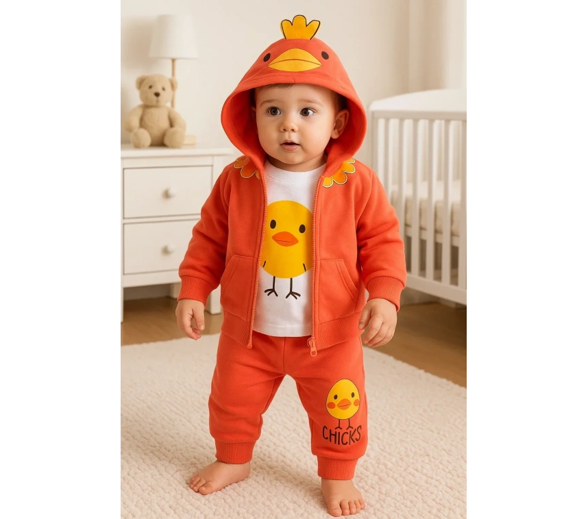 Civciv Desenli Kapişonlu 3lü Erkek Bebek Takımı