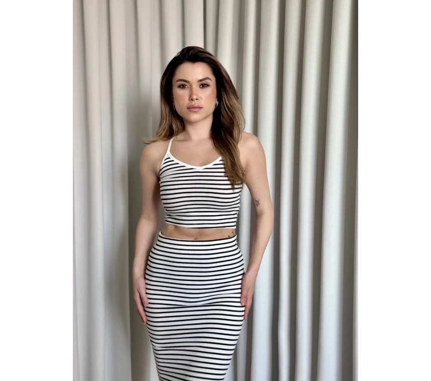 Çizgili etek crop takım