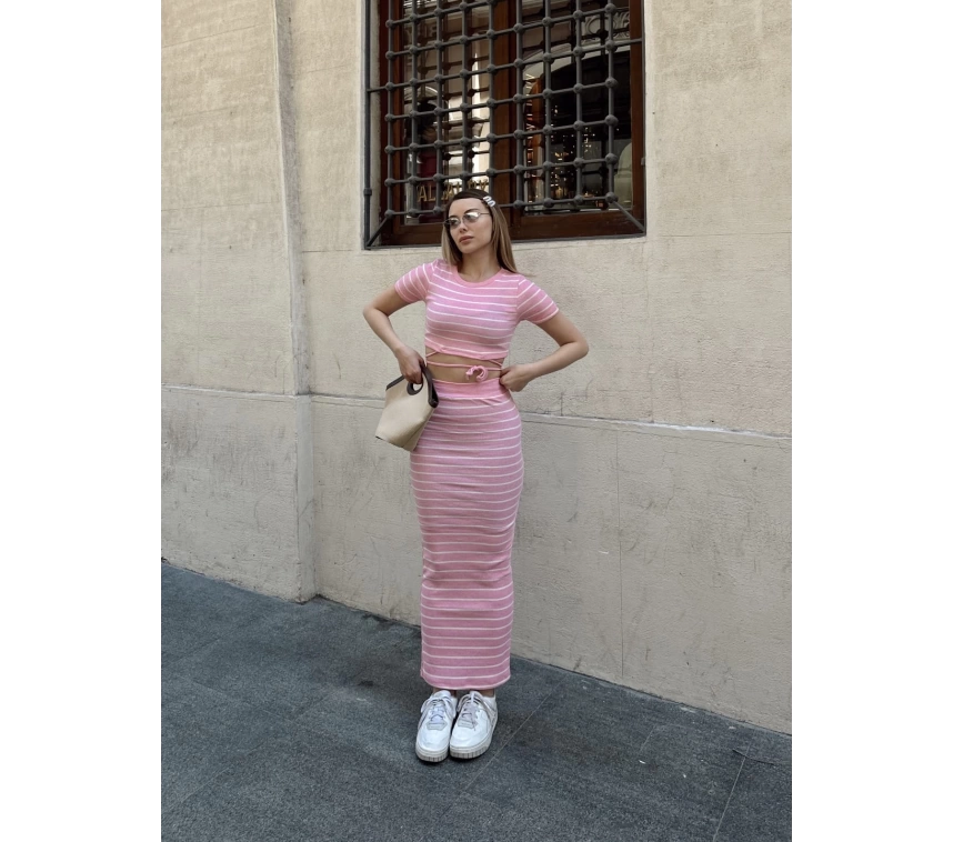 Çizgili etekli takım pembe s3609