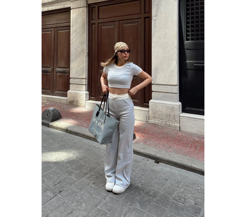 Crop pantolon biyeli takım gri