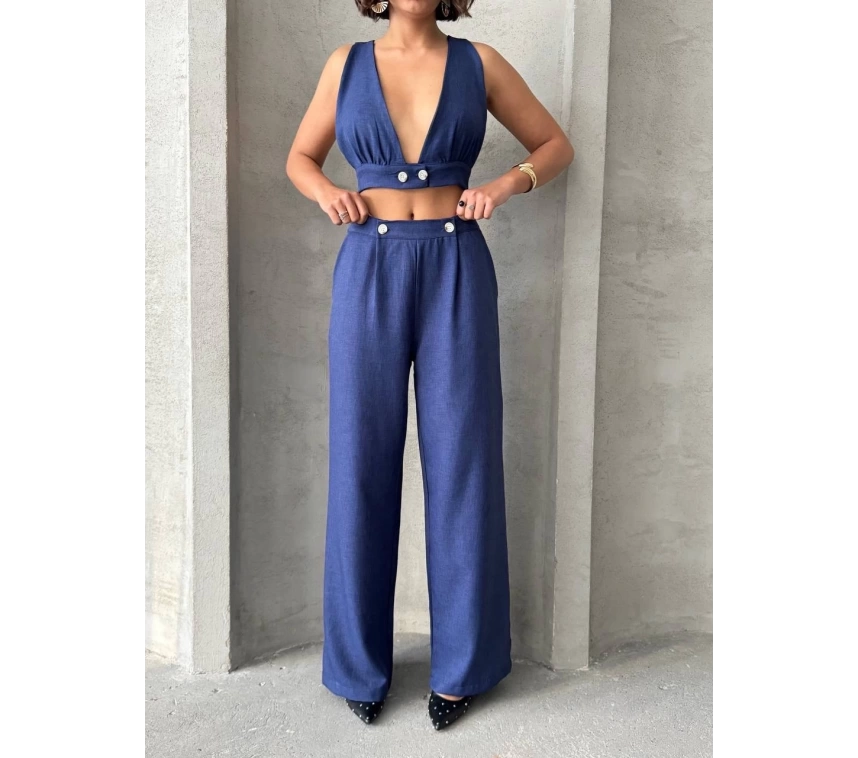 Crop pantolon keten takım s255012