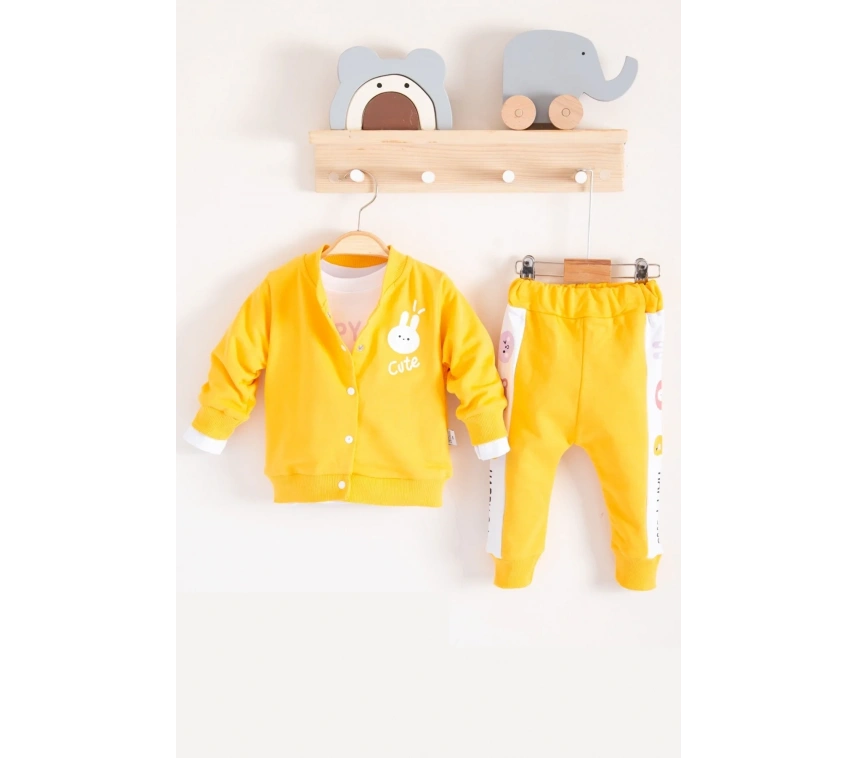 Cute Funny Desenli Kapişonlu Pamuklu 3lü Kız Bebek Takımı