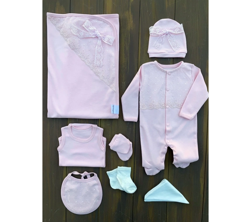 Dantel İşlemeli 10 Parça Yeni Doğan Hastane Seti %100 Pamuk