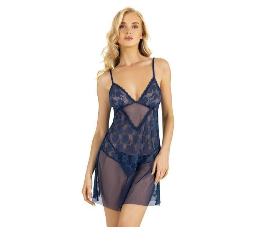 Dantel İşlemeli Lacivert Kısa Tül Gecelik