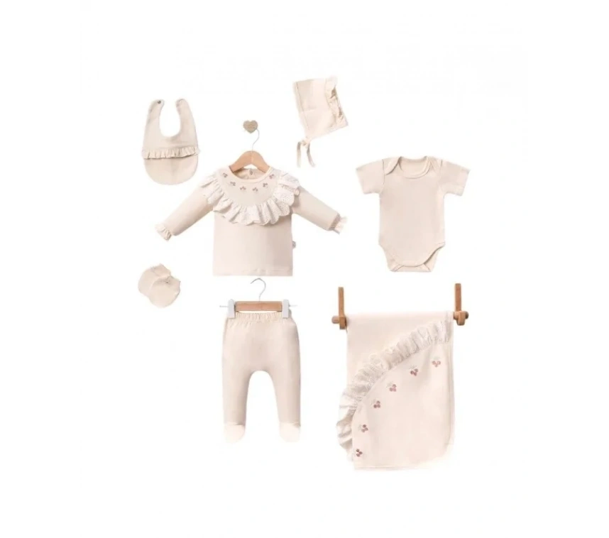 Dantel İşlemeli Lale Desenli 7 Parça Hastane Çıkış Seti %100 Pamuk