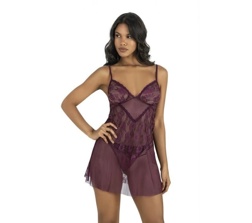 Dantel İşlemeli Mürdüm Kısa Tül Gecelik