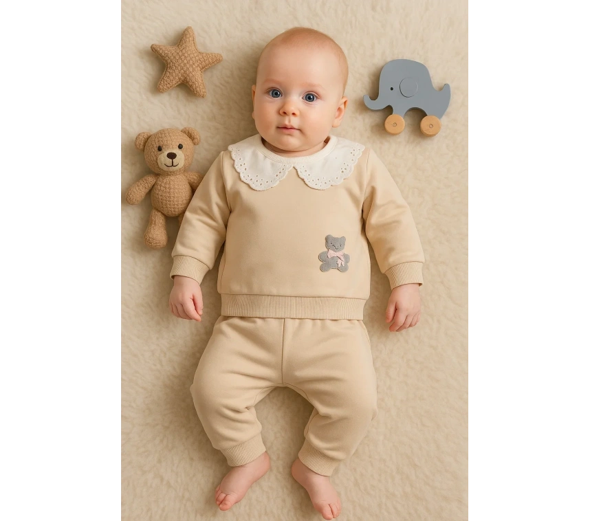 Dantel Yakalı Pamuklu 2li Kız Bebek Takımı