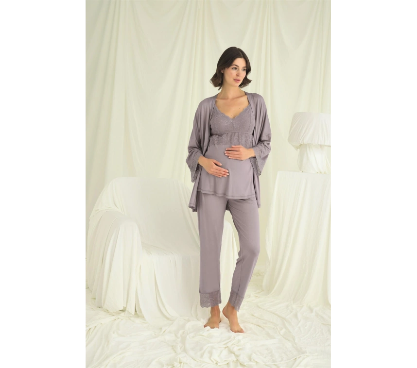 Dantelli Hamile Lohusa 3lü Pijama Takımı