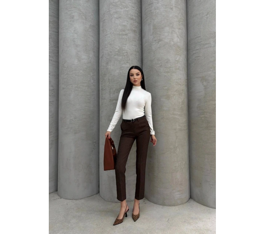 Dar paça kemerli kumaş pantolon kahve pt53