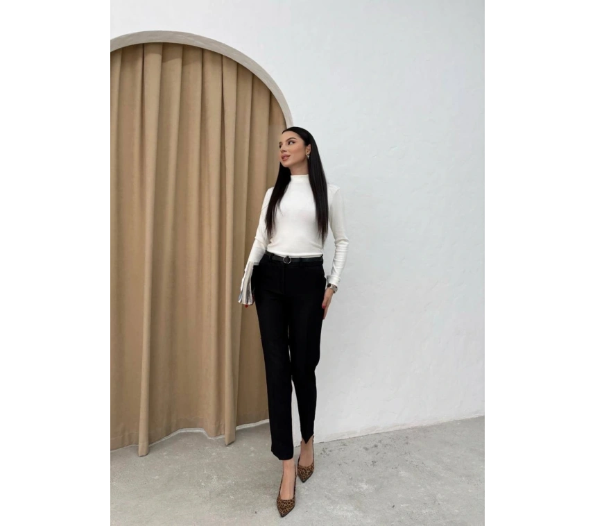 Dar paça kemerli kumaş pantolon siyah pt53