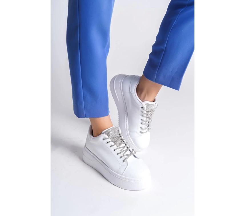 DELLA Bağcıklı Ortopedik Taban Taşlı Kadın Sneaker Spor Ayakkabı BT - Beyaz