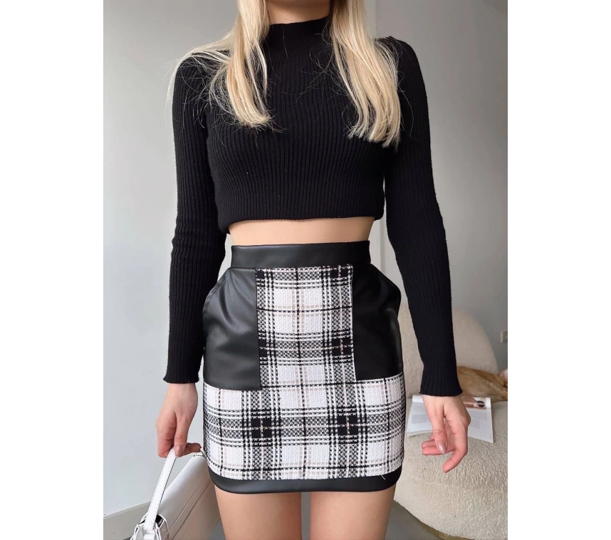 Deri cep garnili kaşe etek siyah h24604