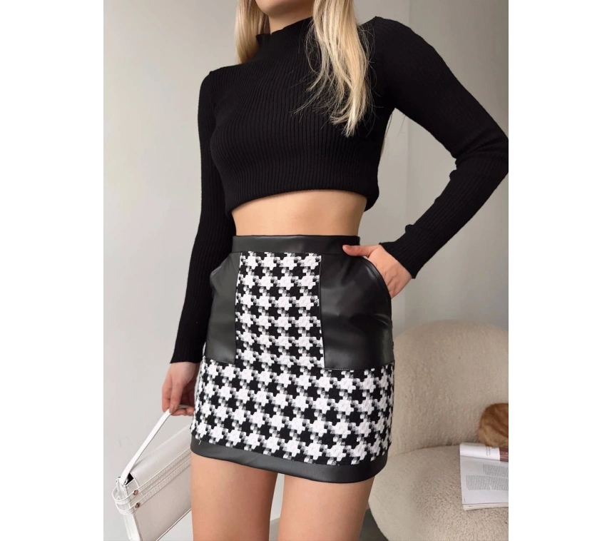 Deri garnili kaz ayağı kaşe etek siyah h24604