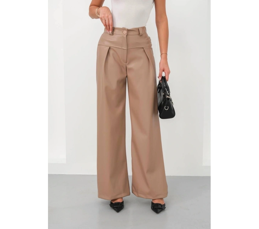Deri geniş paça beli lastikli pantolon bej h263644